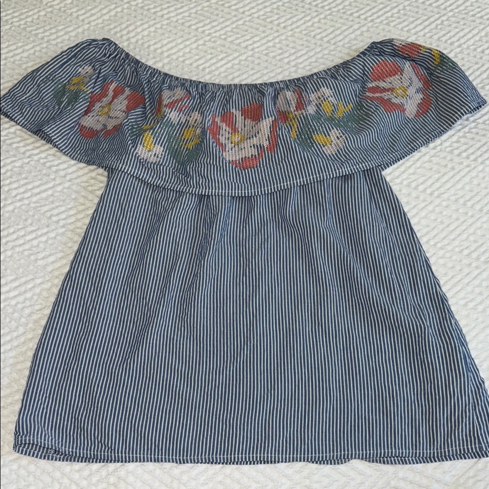 Blue Rain Ruffled Blouse Blue and White